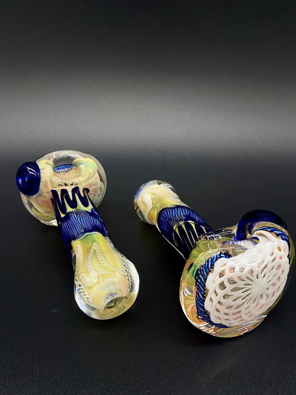 White Head Reticello glass pipe by Talent Glass Works Inc, featuring intricate reticello design and clear glass bowl.
